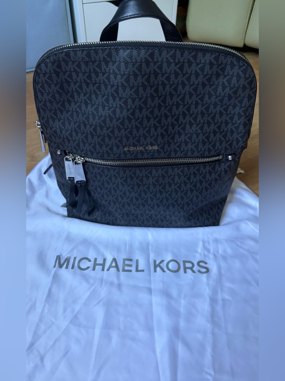 Michael Kors Black MK Logo Small Backpack with Silver Hardware